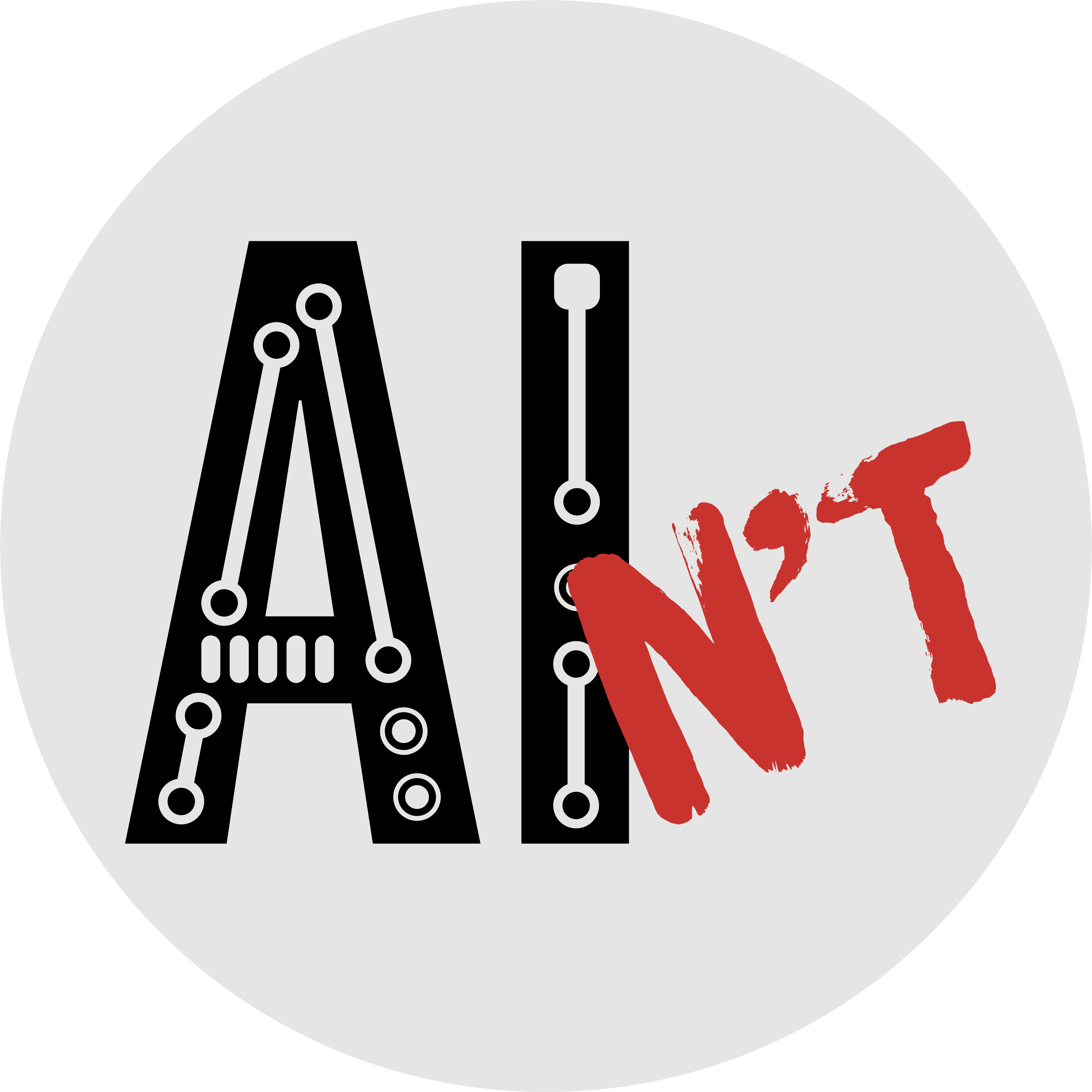 A PNG file of a round badge featuring the capital letters A and I in black, with a stylised grey design suggesting a computer circuit board. The letters N-apostrophe-T have been scrawled on top of them in bright red, so that the design as a whole forms the word ain't.