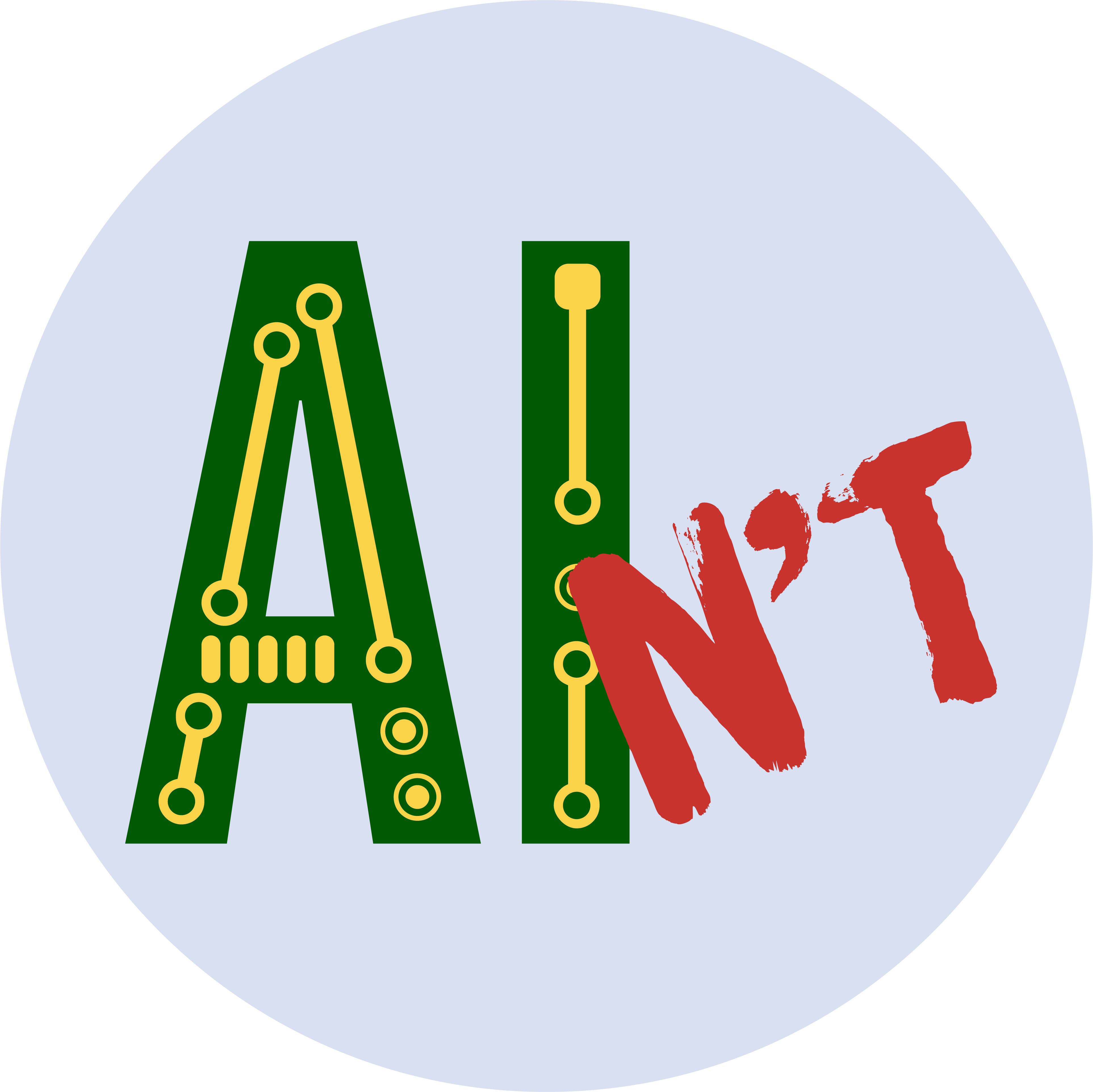 A PNG file of a round badge featuring the capital letters A and I in a green colour, with a stylised gold design suggesting a computer circuit board. The letters N-apostrophe-T have been scrawled on top of them in bright red, so that the design as a whole forms the word ain't.